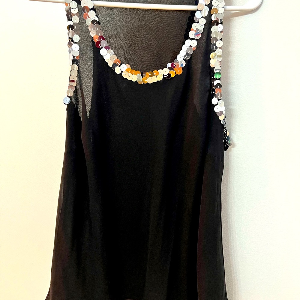 Limited Black Silk Sleeveless Top with Silver Sequined Neckline, Size XL
